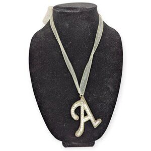 "A" Gold Tone & Clear Rhinestone Necklace with Ribbon